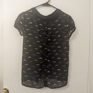 Zara Trafaluc Collection Whimsical Fox Print Sheer Blouse with Peter Pan Collar